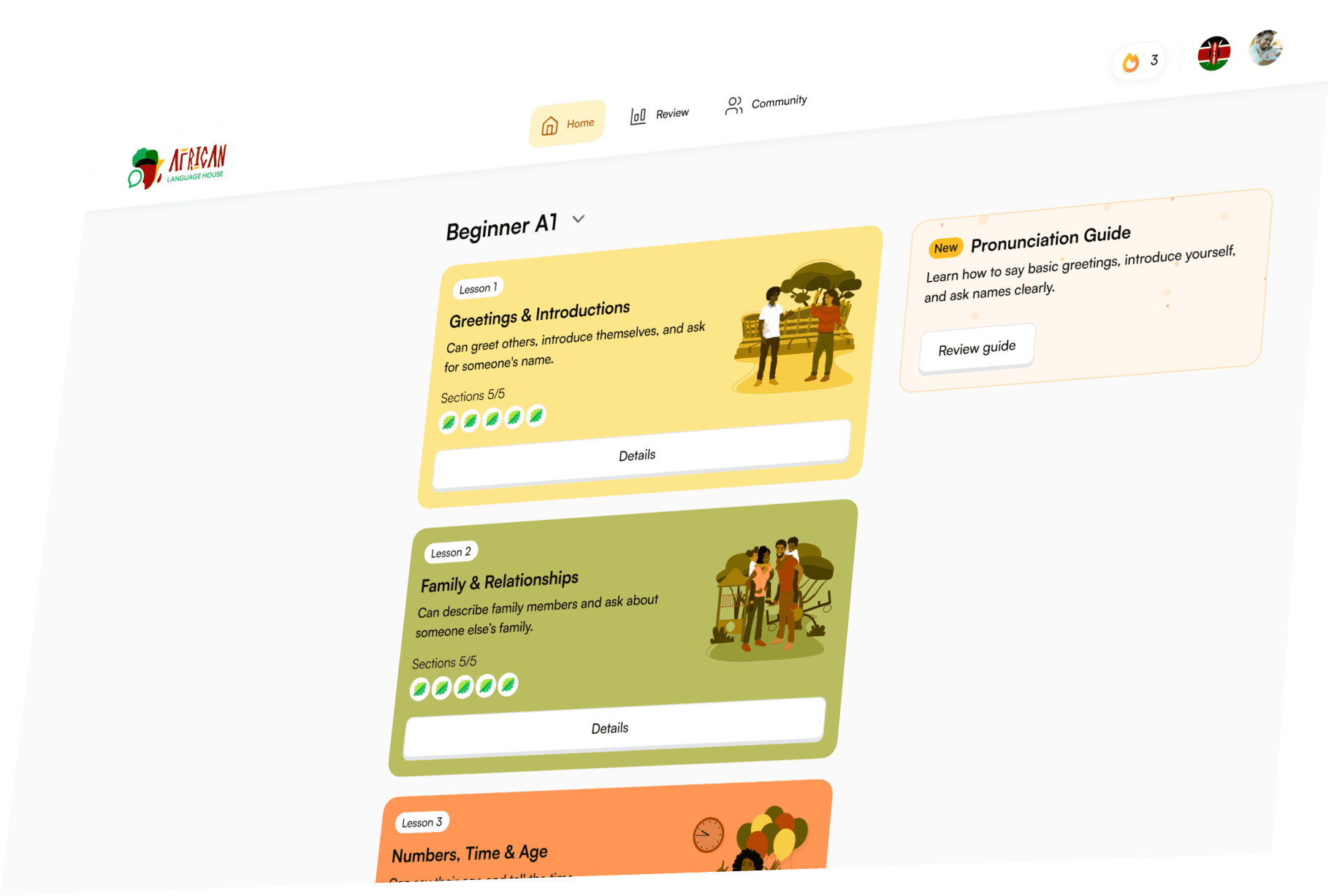 African Language House lessons dashboard on a desktop screen